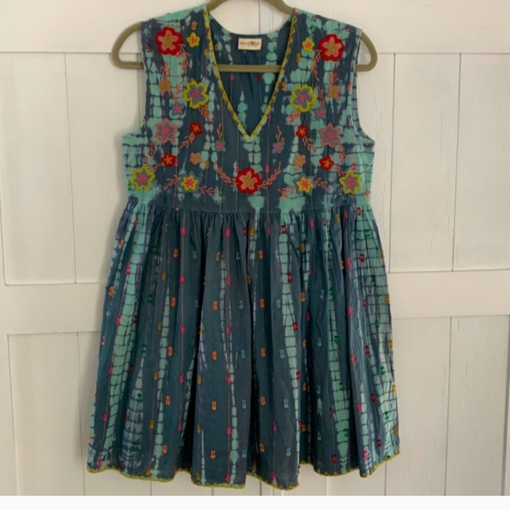 Natural Life Blue Top/Tunic with Colorful Stitching